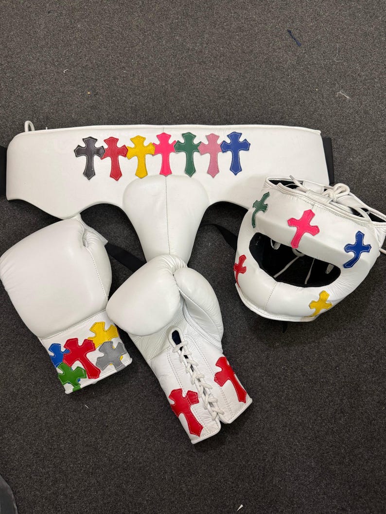 White Chrome Hearts style boxing headgear with colorful crosses