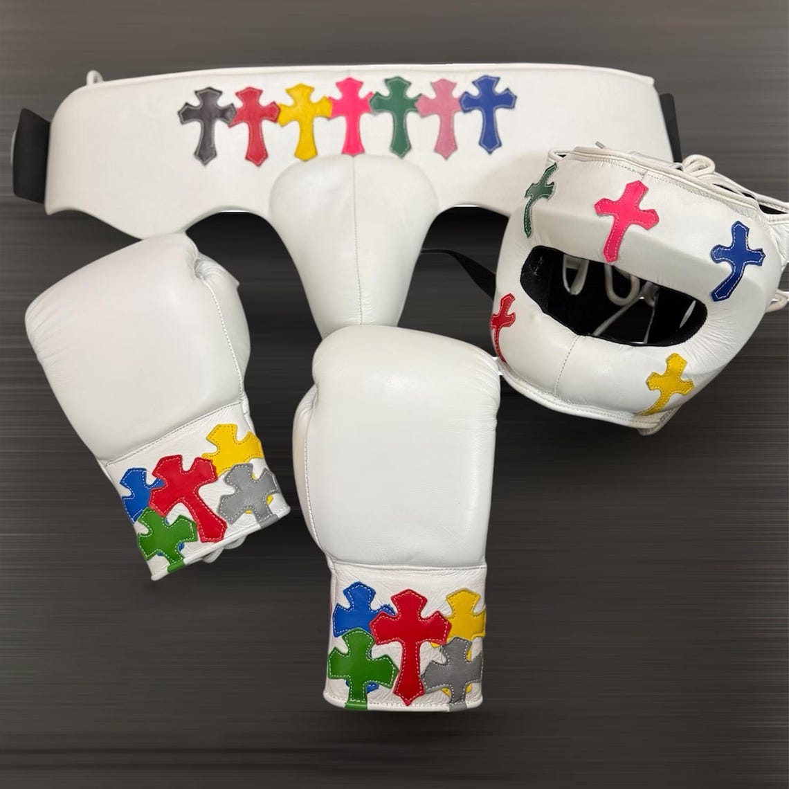 White Chrome Hearts style boxing set with gloves, headgear, and groin guard