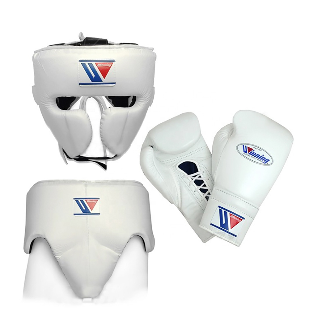 White Winning boxing set with gloves, headgear, and groin guard